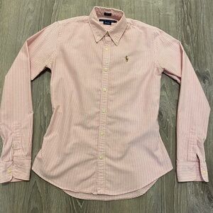 Ralph Lauren Slim Fit Knit Oxford Pink White Striped Button Down Shirt Size 2